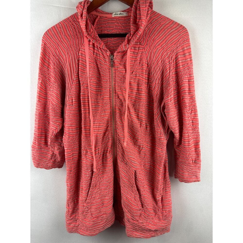 Allen Allen S Womens Textured Hooded Jacket Coral Stripe Zip Front